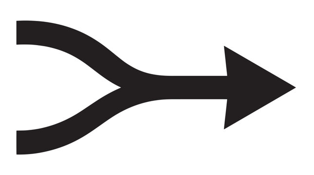 Minimalist merge arrow icon, black silhouette of two paths joining into one direction, simple vector graphic for data integration and workflow