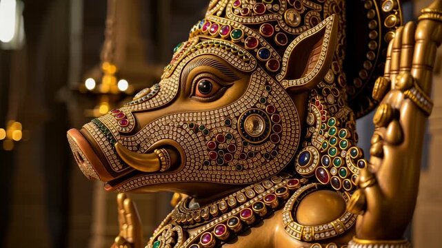 Ornate Gold and Jewel-Studded Varaha Murti Depicting Lord Vishnu s Boar Avatar for Varaha Jayanti Celebrations