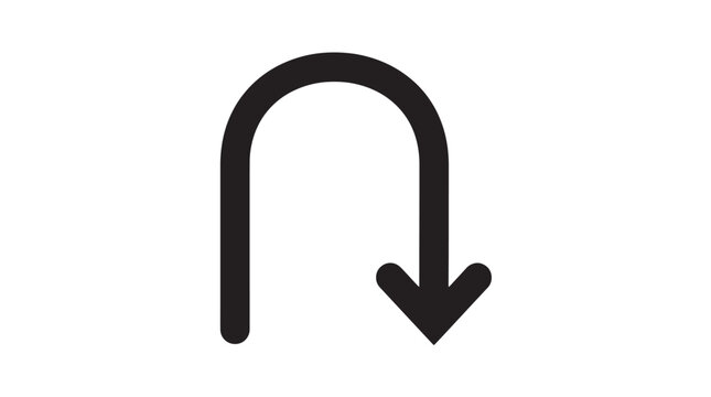 Black, curved arrow icon, vector down symbol, directional sign