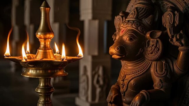 Sacred Lamp and Artistic Lord Vishnu Statue for Varaha Jayanti Celebration in Traditional Hindu Decor
