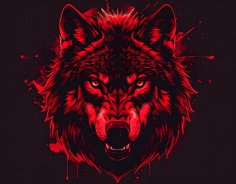 A dark red wolf head with aggressive expression and bold outline stares intensely.