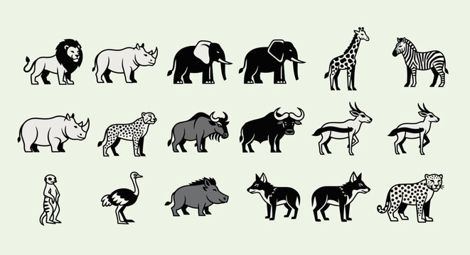Collection of African Safari Animals in a Stylized Illustration.