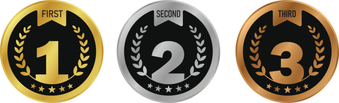 Premium circle medal vectors for 1st, 2nd, and 3rd place. Symbols of the top three finishers. Symbols of gold, silver, and bronze winners.