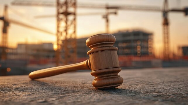 Wooden Gavel Resting on Edge Against Construction Site Background during Sunset