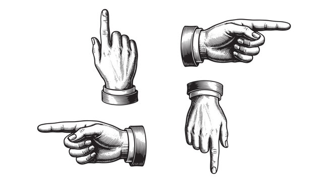 Hand gestures, pointing hands, illustration set, vector graphics