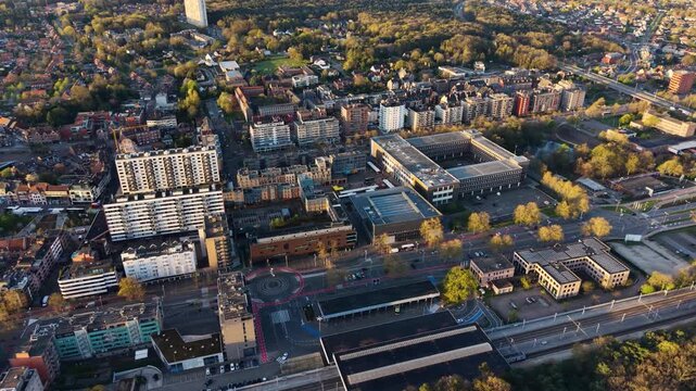 A panoramic Aerial  view of the city Genk in Belgium, on a sunny spring morning.
