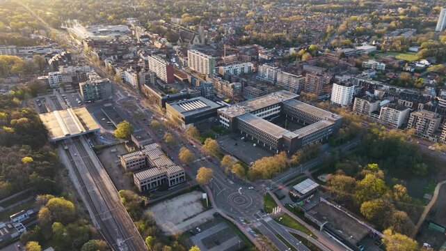 A panoramic Aerial  view of the city Genk in Belgium, on a sunny spring morning.
