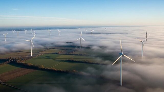 Modern wind turbines in thick morning inversion fog over rural farmland for clean energy
