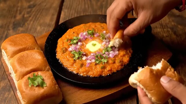 Delicious Indian Pav Bhaji A Spicy Vegetable Mash Served with Soft Bread Rolls and Butter