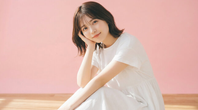 Radiant Japanese woman smiling warmly while leaning on her hand against pink background