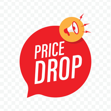modern red speech bubble badge with price drop text and a yellow megaphone icon