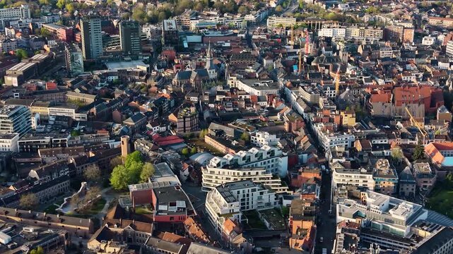 A panoramic Aerial  view of the city Genk in Belgium, on a sunny spring morning.