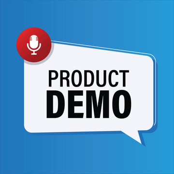 modern product demo speech bubble badge with a red microphone icon on blue background