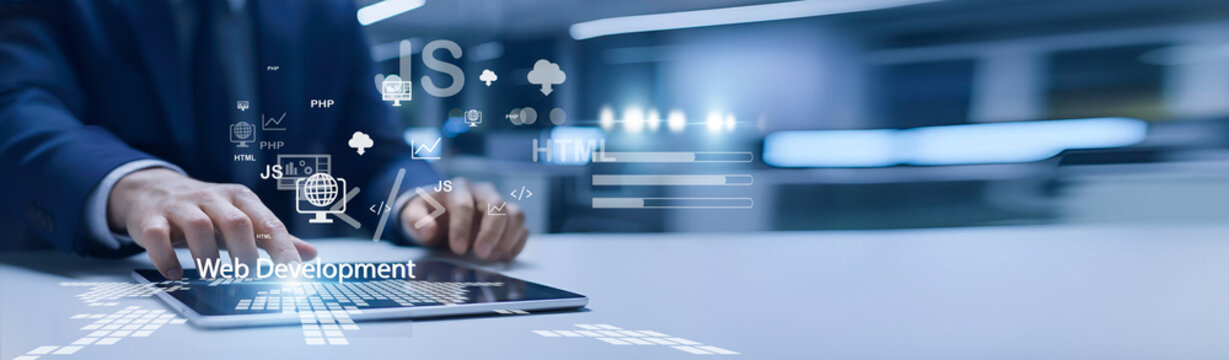 Web developer holding code interface. Web development builds and maintains websites and web applications using modern technologies.