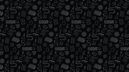 seamless black board games pattern background featuring white line art doodles of gaming icons © Amir