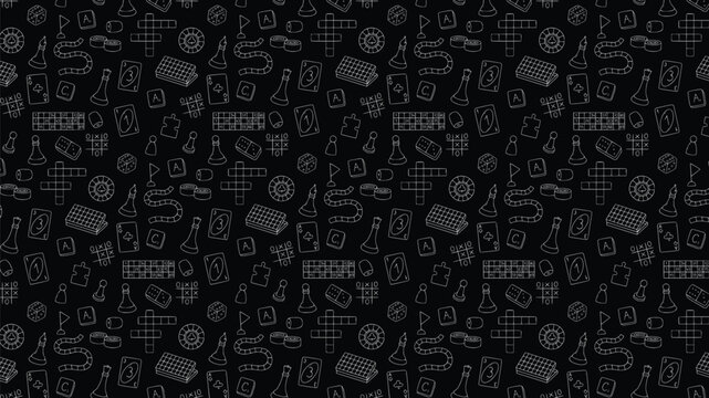 seamless black board games pattern background featuring white line art doodles of gaming icons