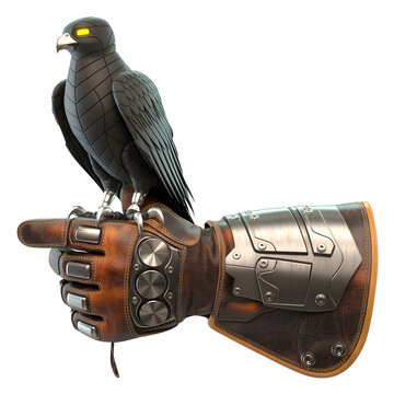 Steampunk crow, robotic hand, sci-fi creature, fantasy animal