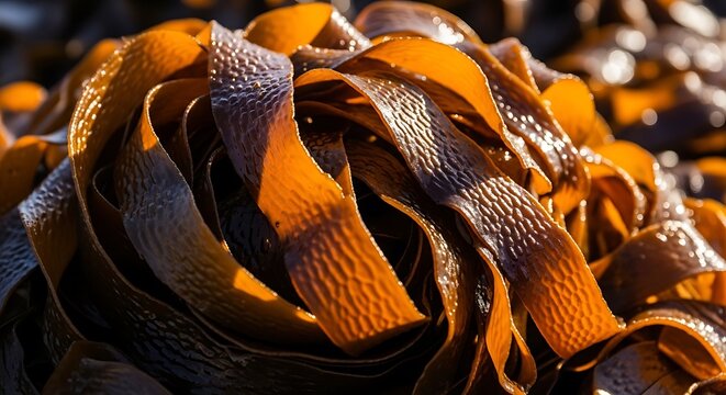 Close-up of glossy, brown seaweed with rippled texture, lit by warm sunlight
