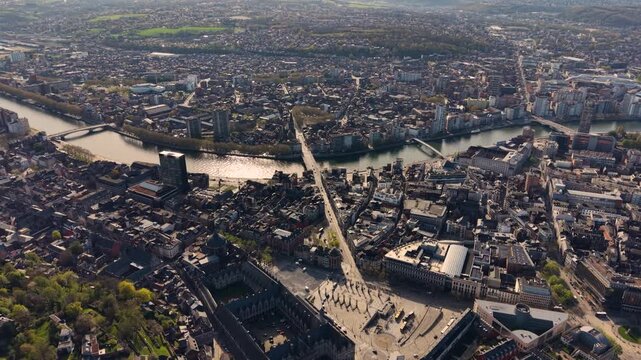 A panoramic Aerial  view of the city Liege in Belgium, on a sunny spring morning.