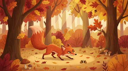 Fototapeta premium A cunning red fox walking through the autumn woods.