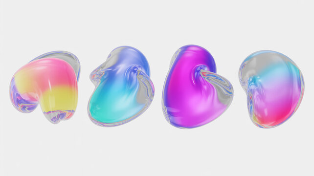 Isolated set of colorful glass Easter eggs and a blue baby pacifier object on a white background