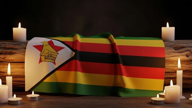Zimbabwe National Flag Draped Over Wooden Casket with Memorial Candles