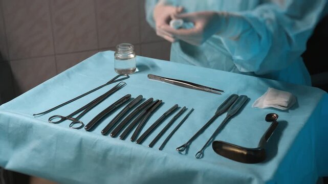 Surgical instruments arranged on sterile table assistant preparing tools before operation in hospital operating room.