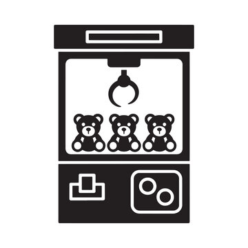 Black and white illustration of a claw machine with three teddy bears