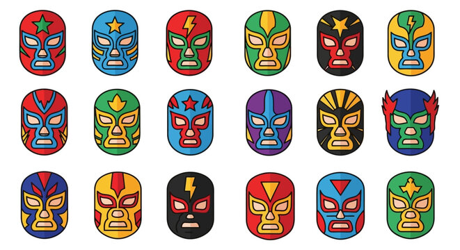 Colorful collection of vibrant Mexican wrestling masks, showcasing diverse designs and striking patterns for cultural representation