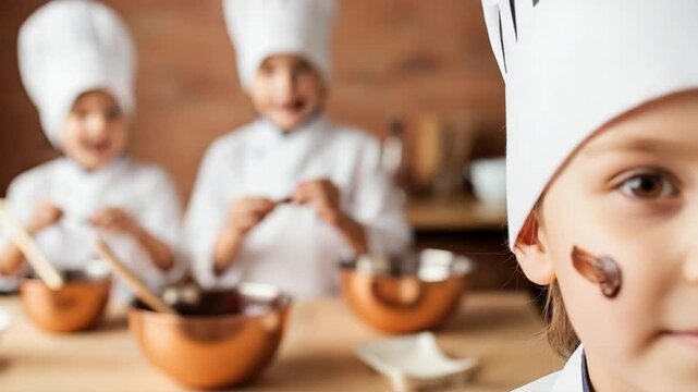 Young Caucasian Boy in Chef Hat with Chocolate Smudge on Face in Kids Cooking Class
