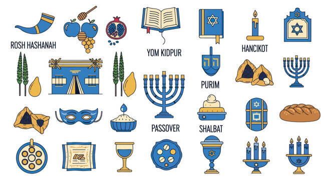 Jewish Holidays Icons Collection: Rosh Hashanah, Hanukkah, Purim, Passover, Shabbat Symbols