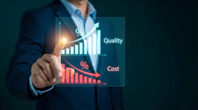 Business growth data visualization, businessman pointing at quality and cost performance charts, financial success and efficiency analytics