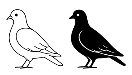 Fototapeta premium Minimalist pigeon icon, in outline and silhouette design, isolated on transparent background