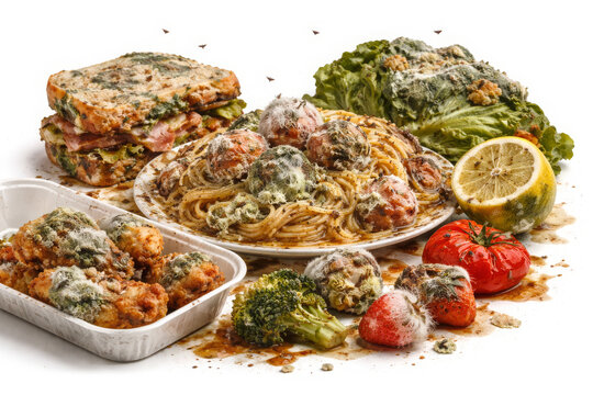 Spoiled Culinary Delights: A close-up view presents a buffet of decaying food items, highlighting the impact of spoilage and food waste