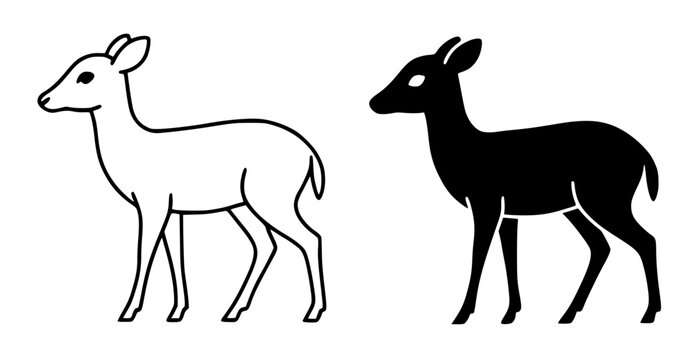 Mouse deer minimalist icon, in outline and silhouette design, isolated on transparent background