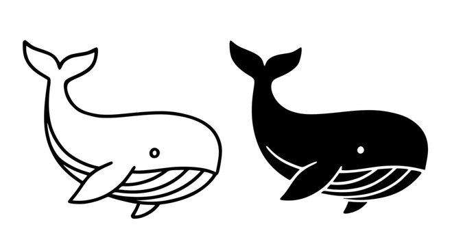 Whale minimalist icon, in outline and silhouette design, isolated on transparent background
