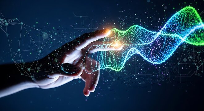 Cosmic hand emerging from nebula with glowing energy streams