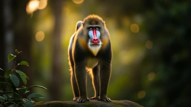Adult male mandrill primate in African rainforest habitat for wildlife conservation
