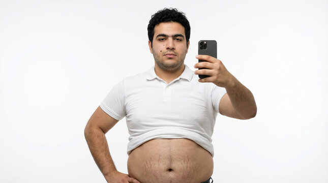 Funny Fat Middle Eastern Man Taking Selfie with Shirt Too Small Exposing Belly