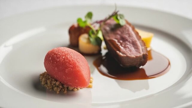 Modern Gastronomy Roasted Duck Breast with Beetroot Sorbet and Savory Jus