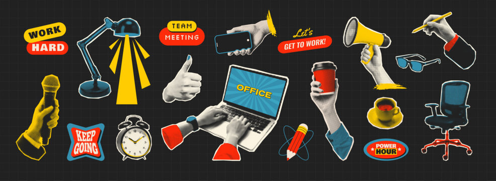 Funky business halftone collage elements set in retro pop art style with office objects, hands and motivational stickers. Teamwork, productivity, business and social media concept.