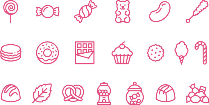 A charming collection of various pink outline candy, dessert, and sweet treat line icons.