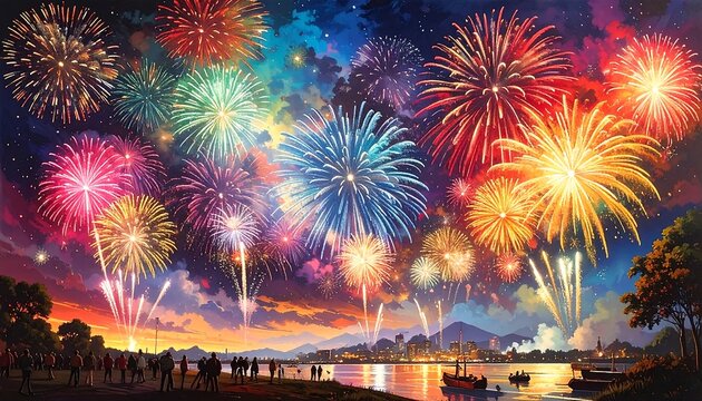 Vibrant fireworks exploding over serene lake at dusk