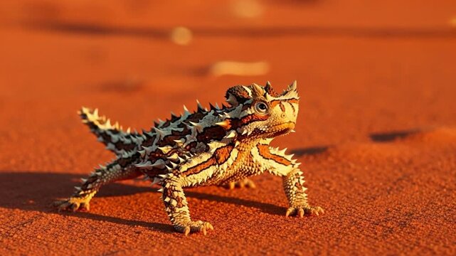 Thorny Devil Lizard Moloch Horridus on Red Sand in Arid Desert Environment
