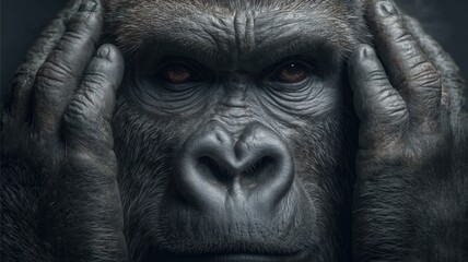 Fototapeta premium 迫力あるゴリラの顔のアップ。野生動物の表情研究に最適な素材。