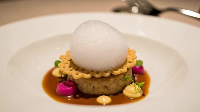Molecular Gastronomy Tasting Menu Course with White Foam Sphere and Honeycomb Cracker