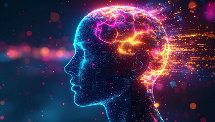 Obraz premium neon glows in blue, purple, and golden orange to depict concepts of artificial intelligence, neural activity, or creative thought processes.e