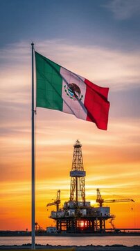 National Tricolor Flag Waving Near Offshore Oil Rig at Sunset, Energy Sovereignty and Petroleum