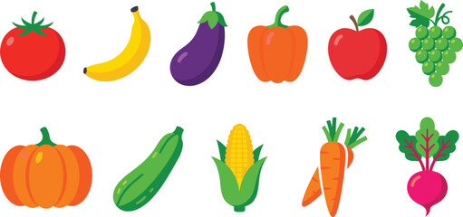 Fototapeta premium Fresh Fruits and Vegetables Icon Set Featuring Tomato, Banana, Pumpkin, Carrot, Eggplant, and Grapes