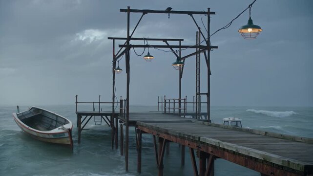 Abandoned Fishing Pier During Violent Storm as Empty Boats Collide Beneath Haunting Harbor Skies Tonight